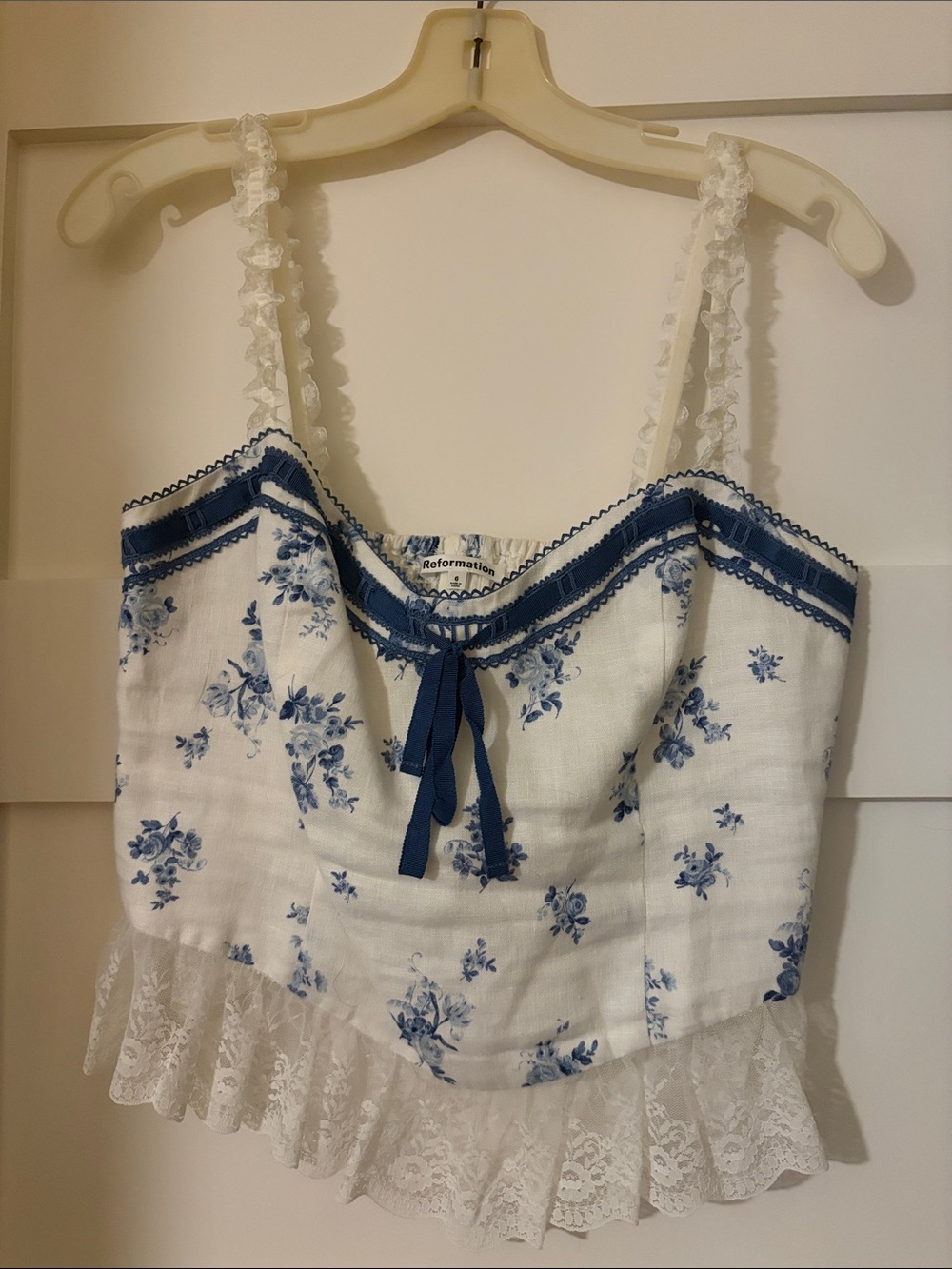 Reformation White Camisole with Blue Floral Print & Lace Trim